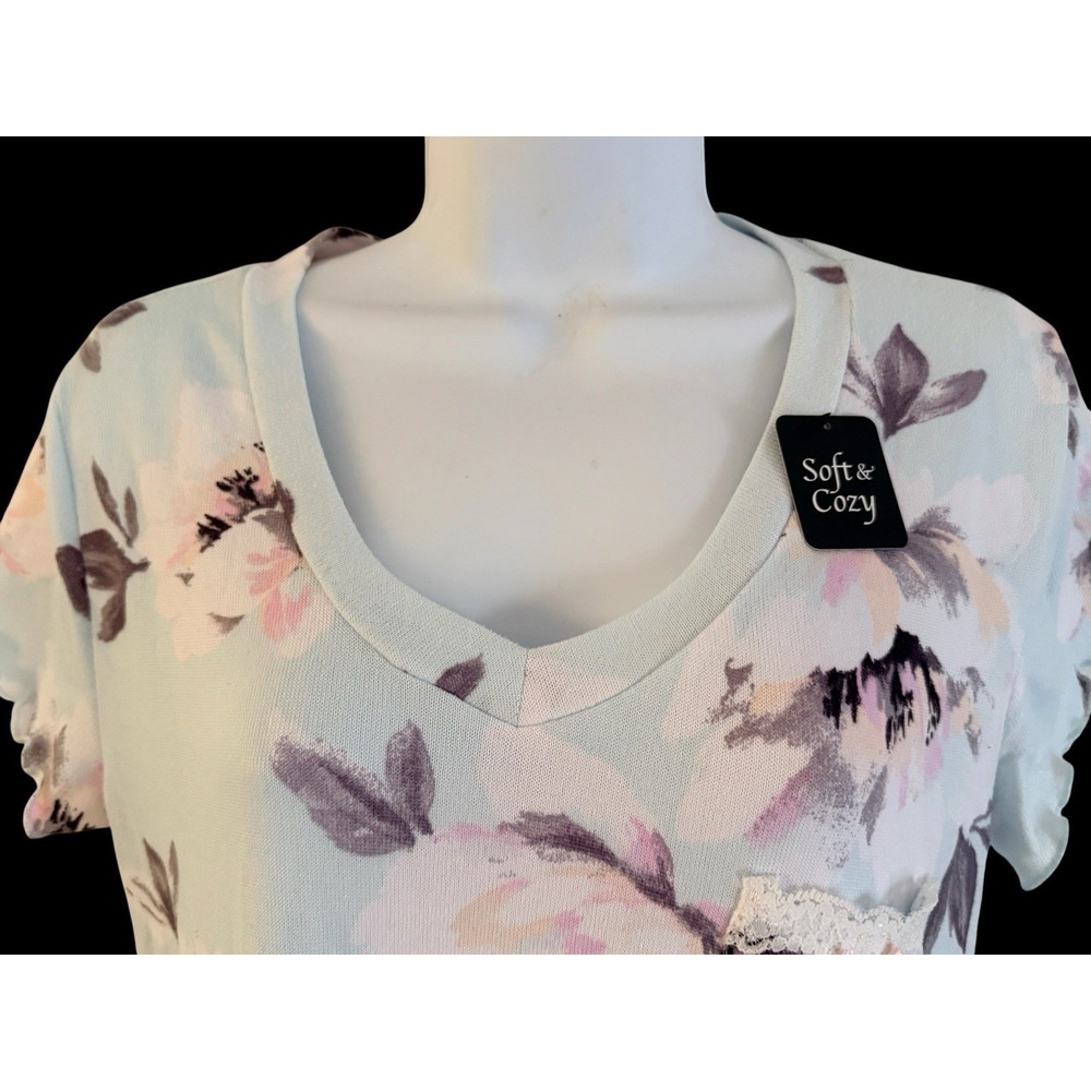 LAURA ASHLEY WOMEN SOFT COZY NIGHTGOWN M PASTEL MINT FLORAL NWT LACE POCKET - Picture 4 of 12